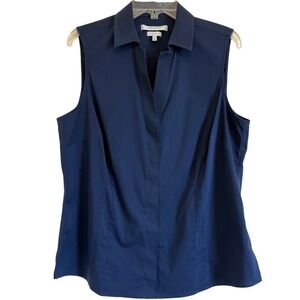 Foxcroft NYC Navy Blue Non Iron Stretch Sleeveless Button Down Shirt Size 14